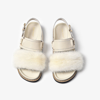 BeauToday Platform Buckle Strap Sandals with Mink Fur for Women