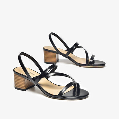 BeauToday Comfy Black Leather Block Heeled Strappy Sandals for Women
