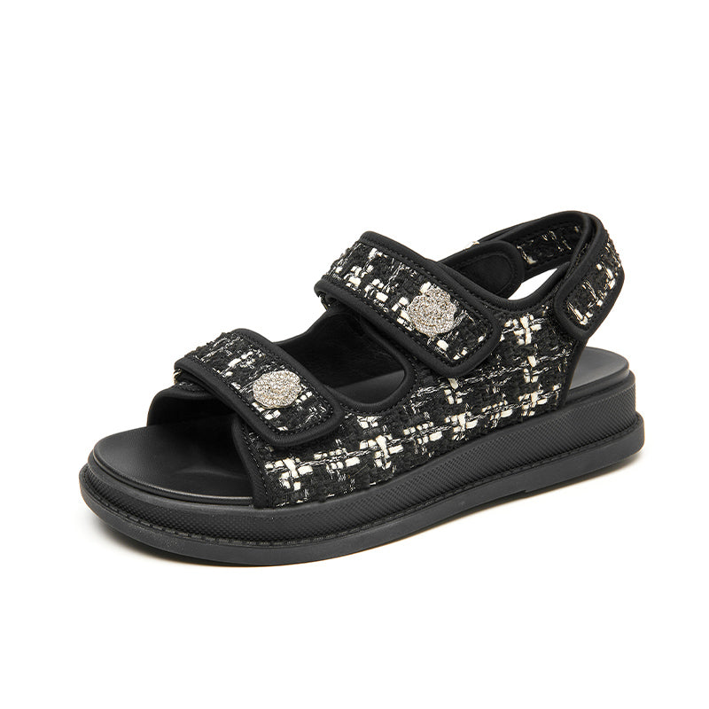Beautoday Leather Hook Loop Velcro Tweed Sandals for Women, Black / US 8.5