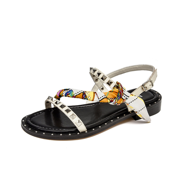 BeauToday Studded and Silk Ribbon Decor Ankle Strap Sandals for Women