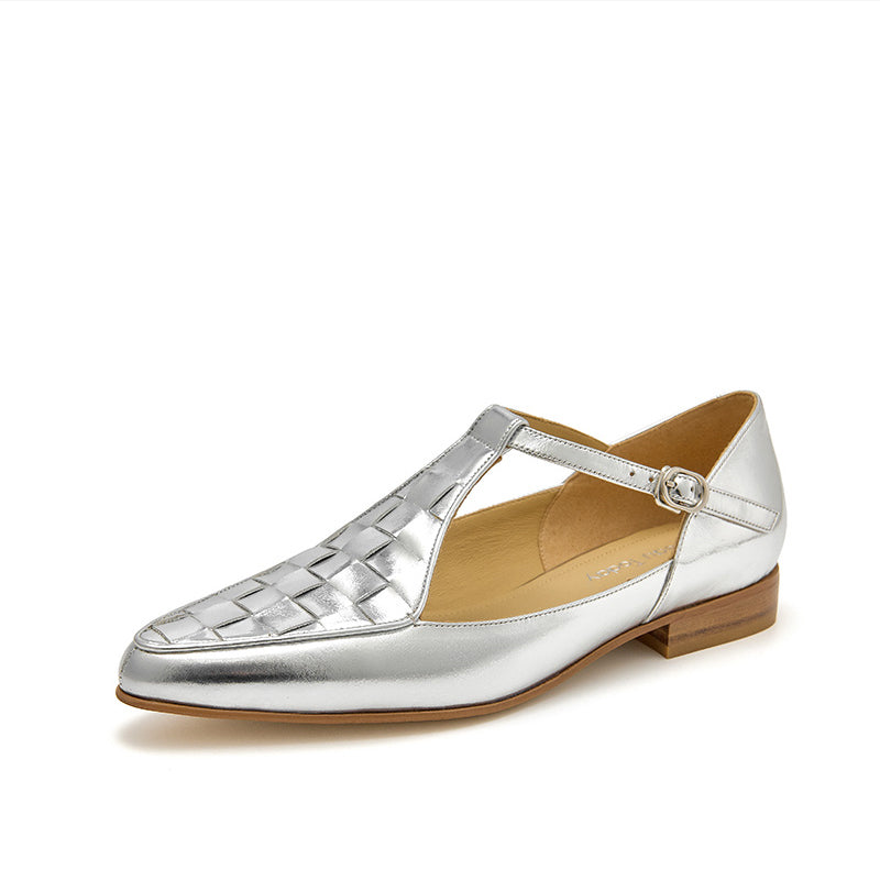 BeauToday Woven Metallic Leather Pointed Toe Mary Janes Flats with T-strap for Women