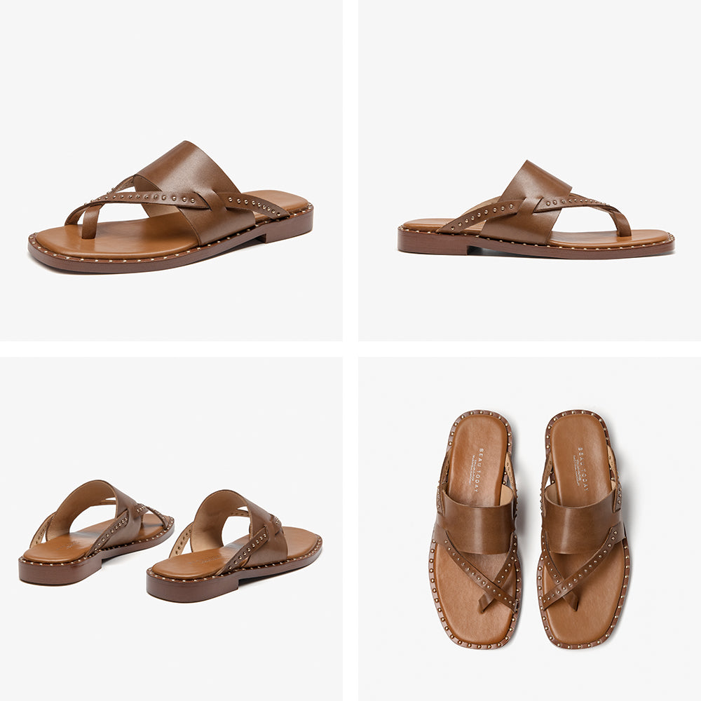 BeauToday Women's Leather Flip Flop Sandals Casual Flat Toe Post Slides for Vacation