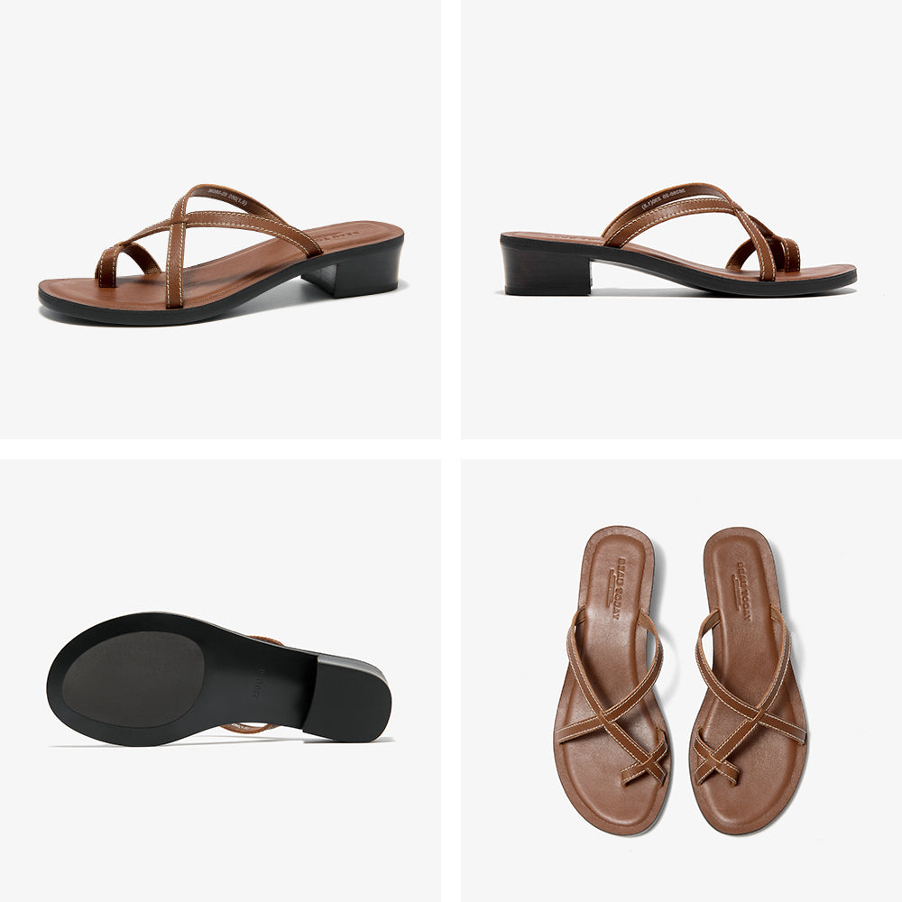 BeauToday Cow Leather Flip-flops Slides with Block Low Heel for Women