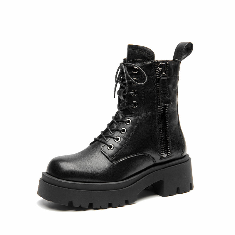 BeauToday Cow Leather Chunky Lug Sole Lace Up Combat Boot with Side Zipper Round Toe Ankle Booties
