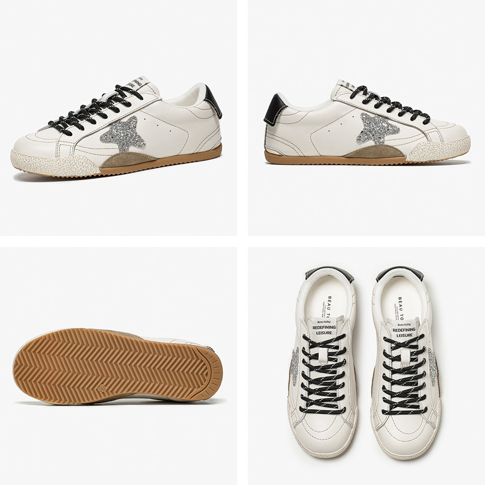 BeauToday Women's Neutral Retro Sneakers with Star Design