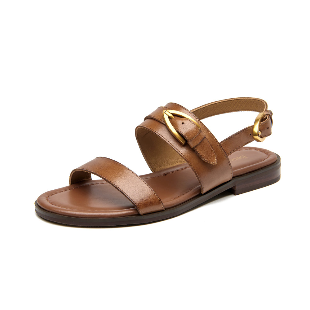 BeauToday Casual Buckle Leather Flat Sandals with Roud Design for Women