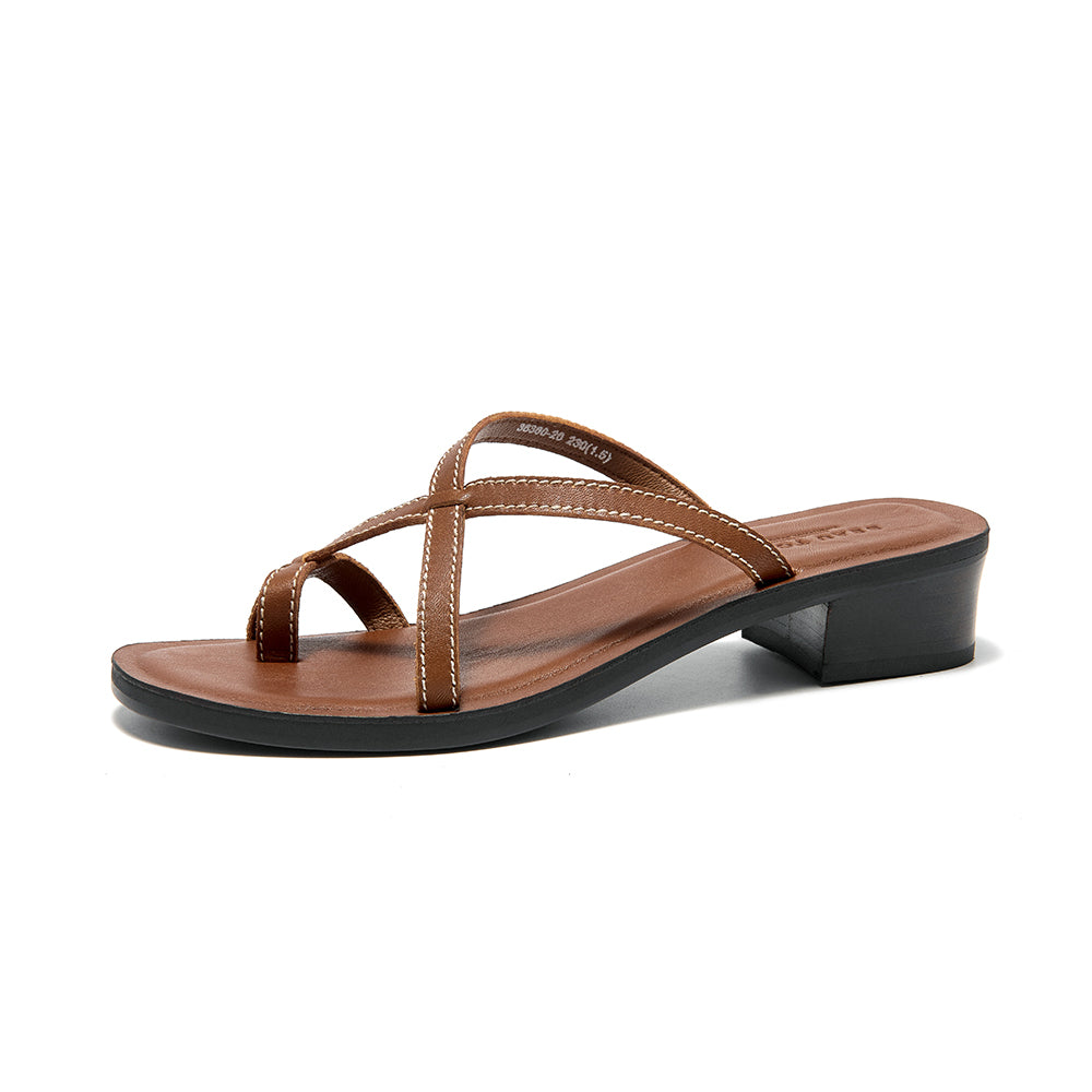 BeauToday Cow Leather Flip-flops Slides with Block Low Heel for Women