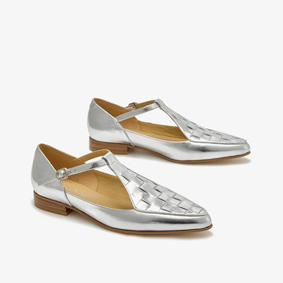 BeauToday Woven Metallic Leather Pointed Toe Mary Janes Flats with T-strap for Women