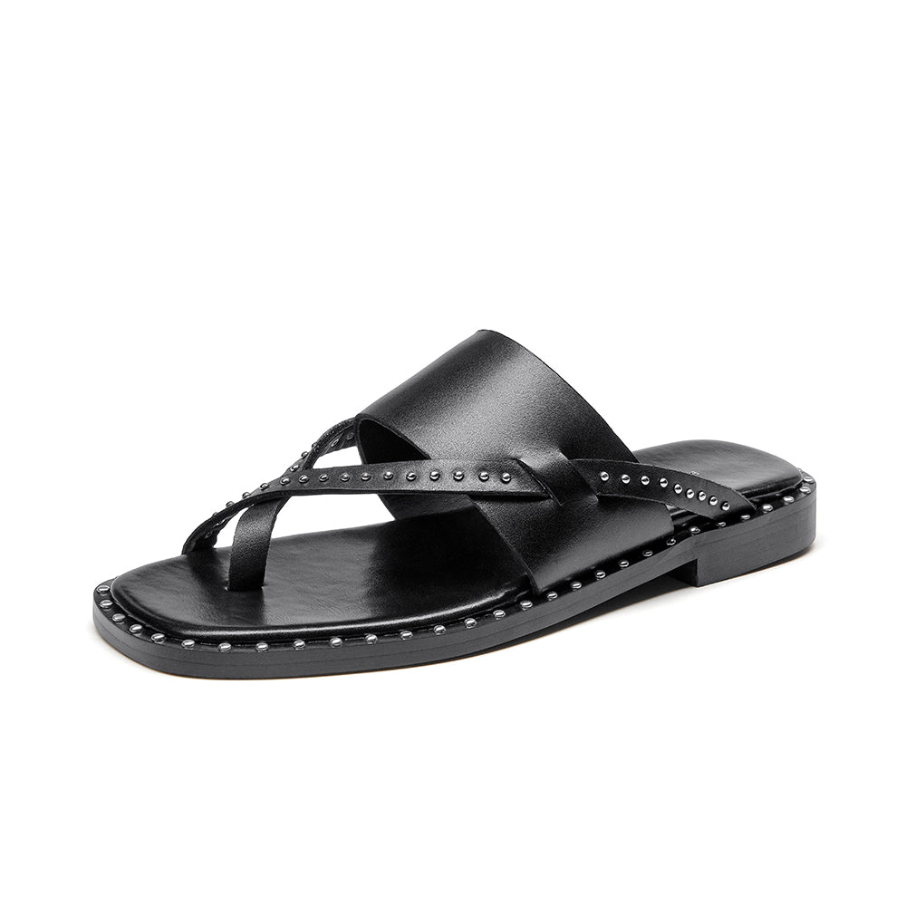 BeauToday Women's Leather Flip Flop Sandals Casual Flat Toe Post Slides for Vacation