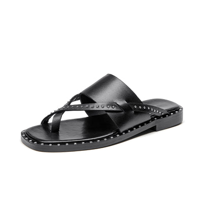 BeauToday Women's Leather Flip Flop Sandals Casual Flat Toe Post Slides for Vacation