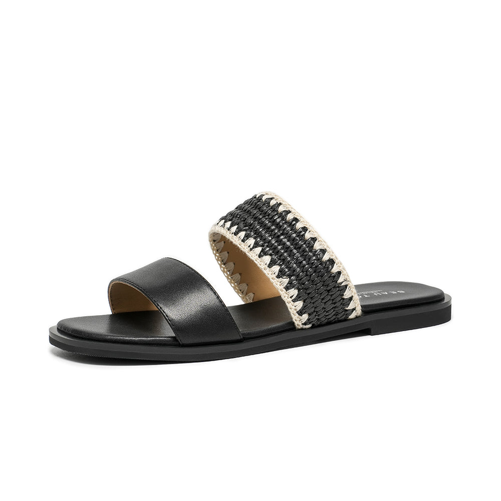 BeauToday Women's Leather Slip On Flat Sandals with Elastic Strap