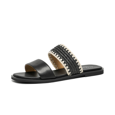 BeauToday Women's Leather Slip On Flat Sandals with Elastic Strap