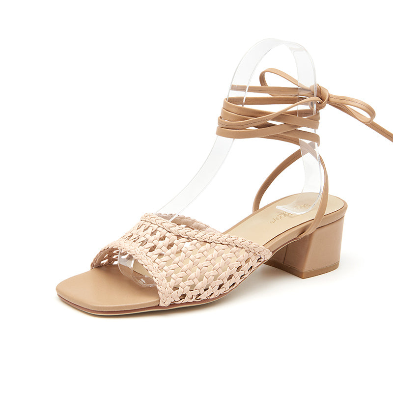 BeauToday Light Pink Leather Woven Ankle Wrap Sandals for Women