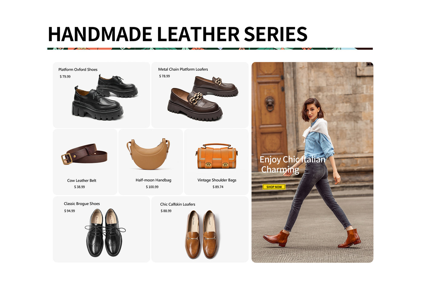 Find our handmade leather items, including leather oxford sheos & leather belt & leather handbags