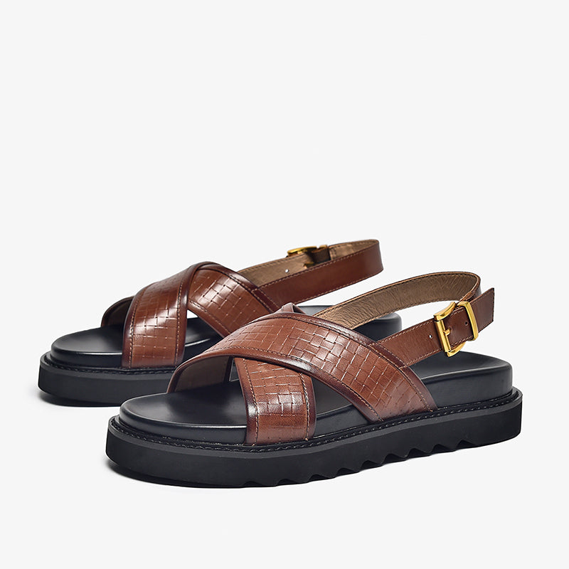BeauToday Leather Cross Over Strap Back Chunky Sandals