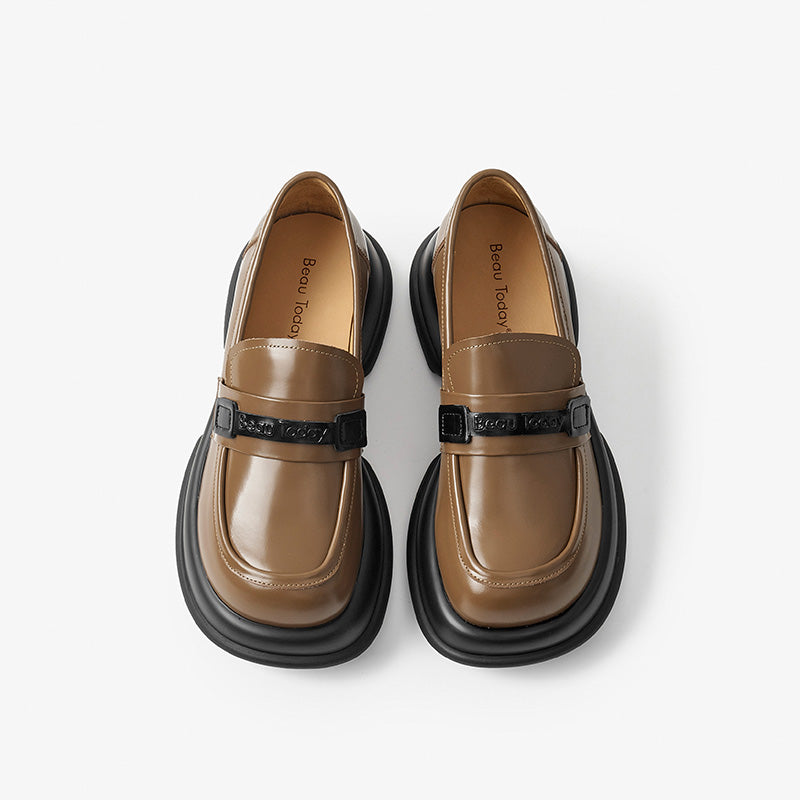 BeauToday Leather Loafers for Women with Brand Logo Strap