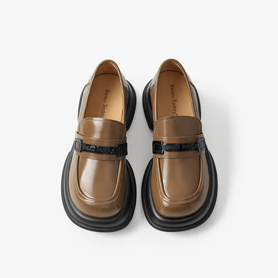 BeauToday Leather Loafers for Women with Brand Logo Strap