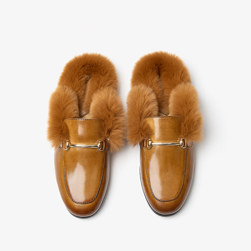 Light Brown Backless Loafers BeauToday Backless Rabbit Fur