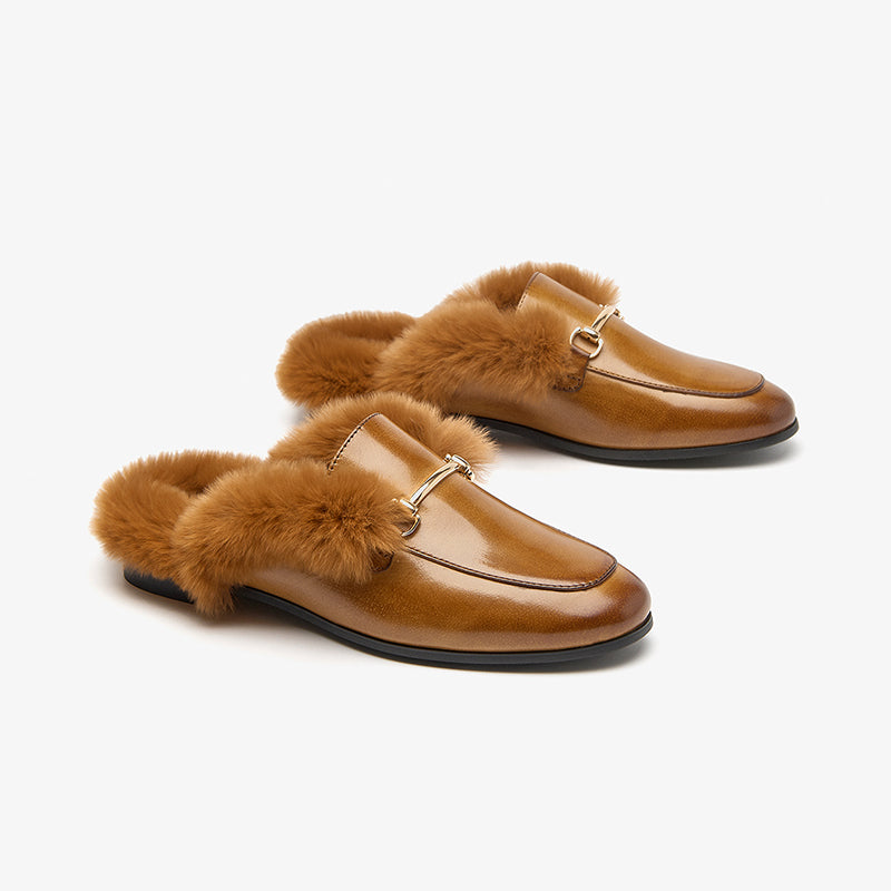 BeauToday Backless Rabbit Fur Lined Metral Trim Mule Loafers for Women BEAU TODAY