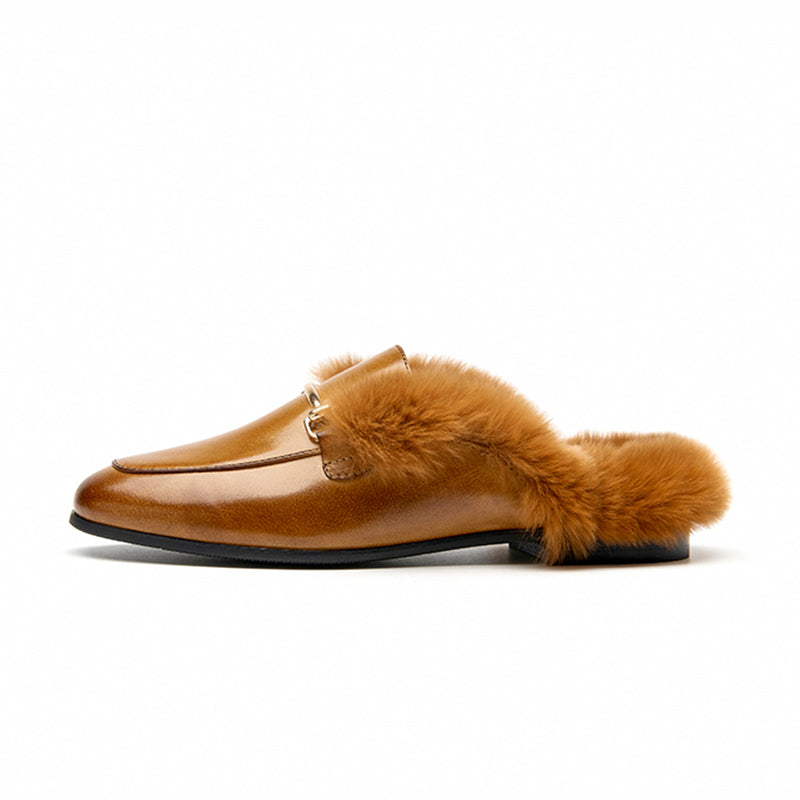 BeauToday Backless Rabbit Fur Lined Metral Trim Mule Loafers for Women BEAU TODAY