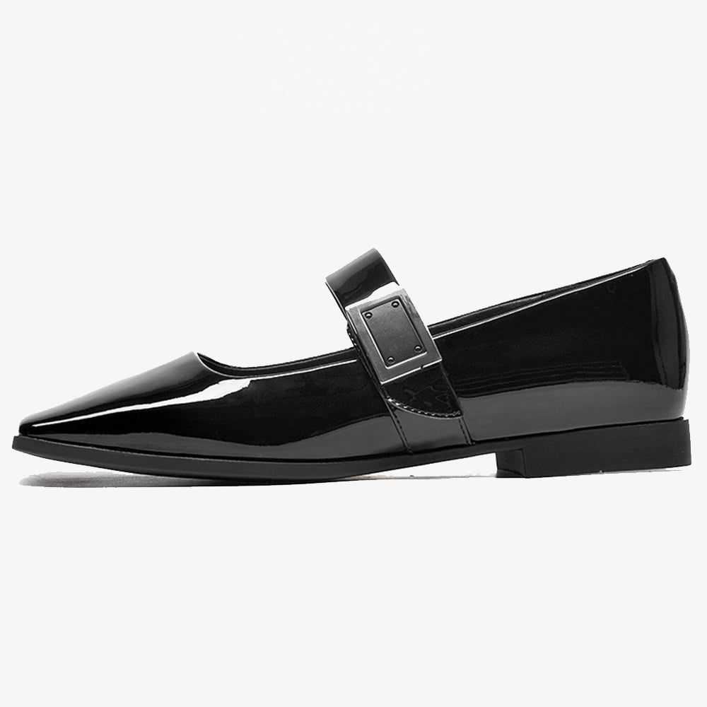 BeauToday Black Patent Leather Square Toe Slip On Ballet Flats with Buckle Decor for Women BEAU TODAY