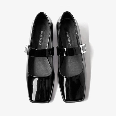 BeauToday Black Patent Leather Square Toe Slip On Ballet Flats with Buckle Decor for Women BEAU TODAY