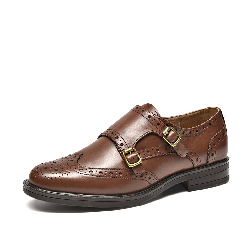 BeauToday Calfskin Monk Shoes for Women with Brogue Fretwork BEAU TODAY