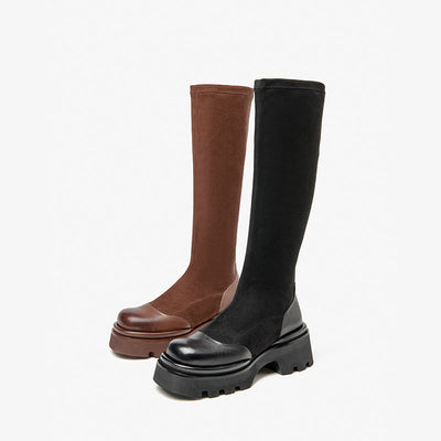 BeauToday Chunky Heeled Calfskin Leather Over-the-Knee Boots for Women BEAU TODAY