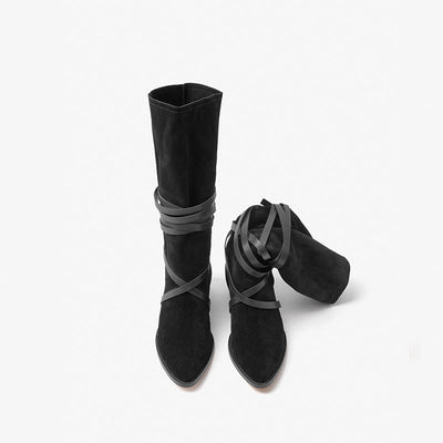 BeauToday Cow Suede Knee High Boots Pointed Toe Low Block Heel Boots with Lace-up Decor BEAU TODAY