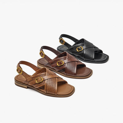 BeauToday Crossed-over Calfskin Flat Sandals for Women BEAU TODAY