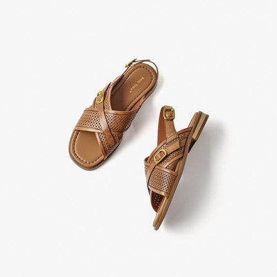BeauToday Crossed-over Calfskin Flat Sandals for Women BEAU TODAY
