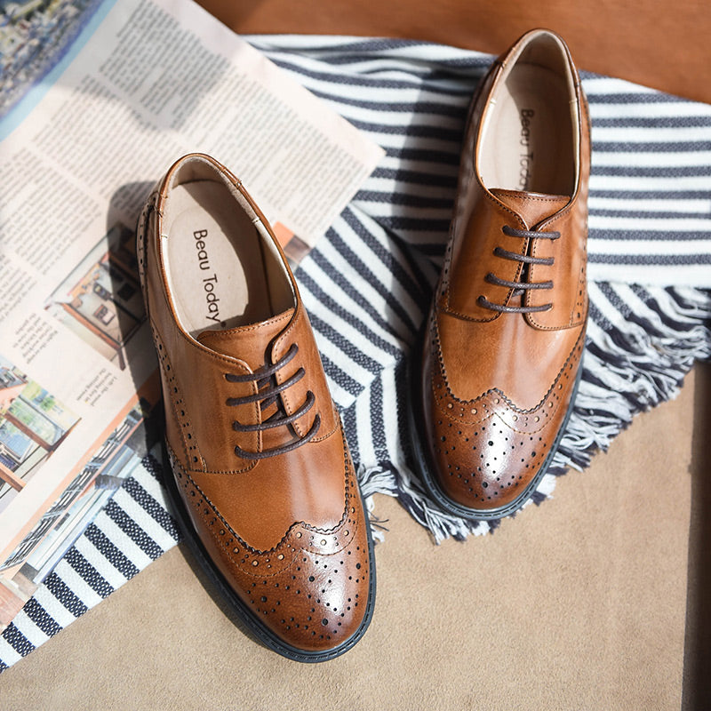 BeauToday Genuine Leather Lace Up Brogue Shoes for Women, Peru / US 8.5 BeauToday Genuine Leather Lace Up Brogue Shoes for Women, Peru / US 8.5
