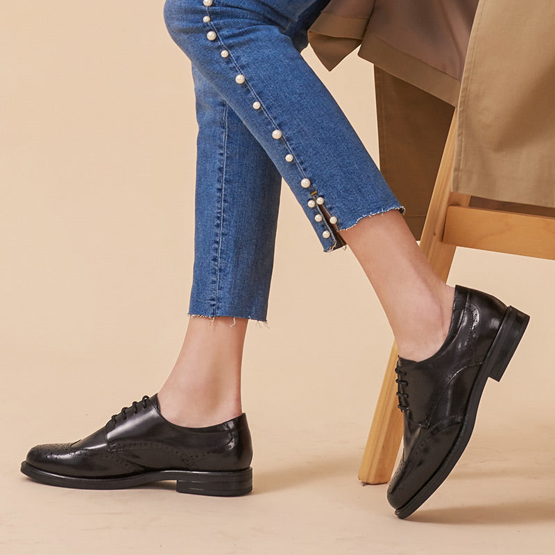 ladies leather dress shoes BeauToday Genuine Leather Lace Up Brogue Shoes for Women, Black / US 6