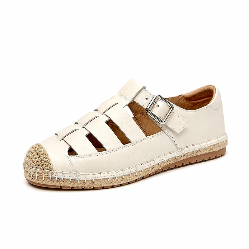 BeauToday Leather Fisherman Espadrilles Flats with Buckle Closure for Women BEAU TODAY
