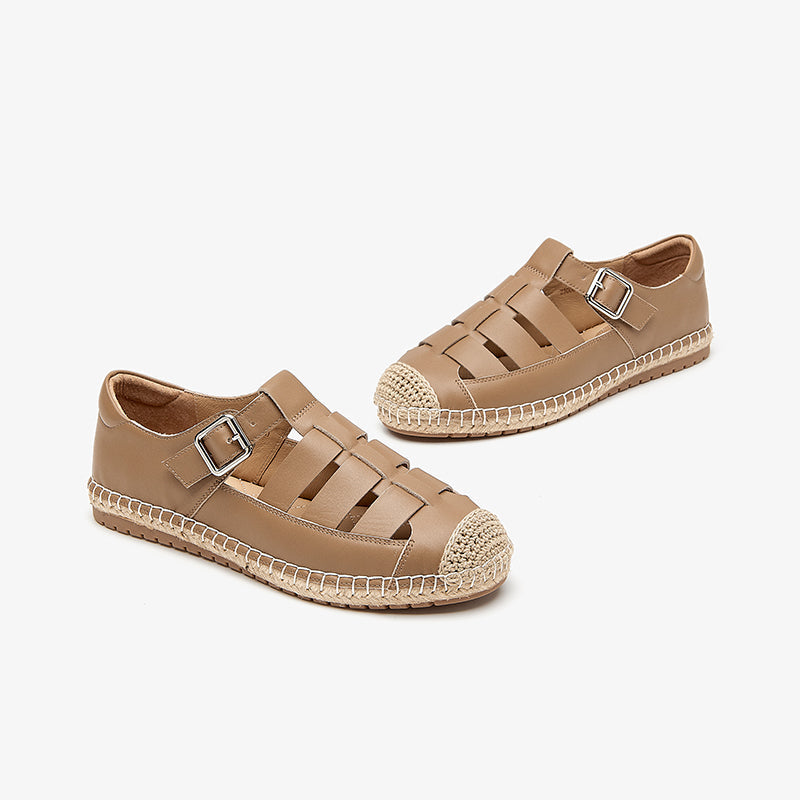BeauToday Leather Fisherman Espadrilles Flats with Buckle Closure for Women BEAU TODAY