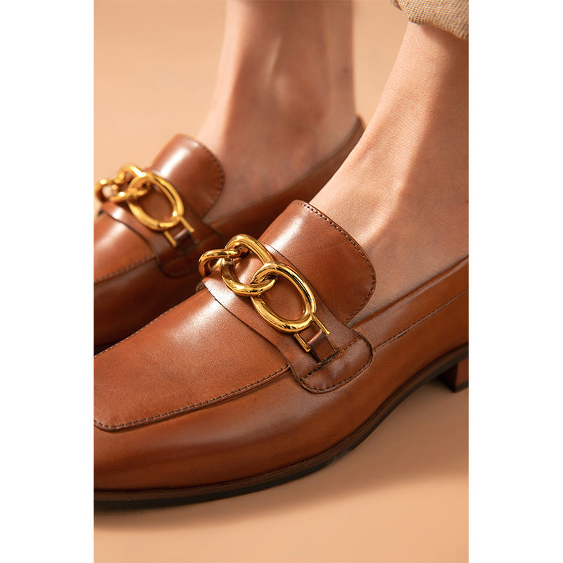 BeauToday Leather Loafers for Women with Metal Chain Decor BEAU TODAY