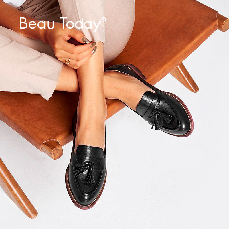 BeauToday Leather Penny Loafers for Women with Tassel Decoration BEAU TODAY