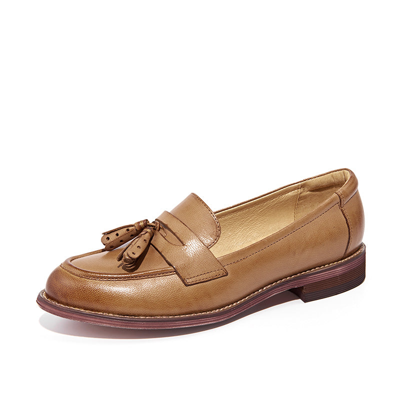 BeauToday Leather Penny Loafers for Women with Tassel Decoration BEAU TODAY