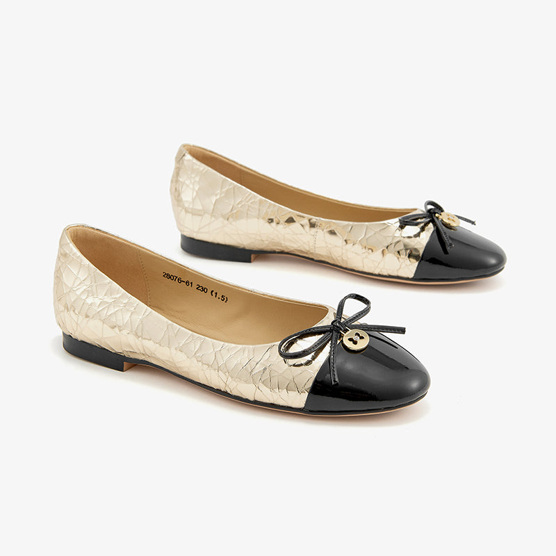BeauToday Leather Round Toe Ballet Flats with Bow Tie Decor BEAU TODAY