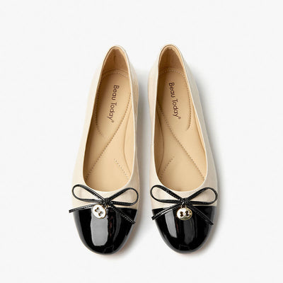 BeauToday Leather Round Toe Ballet Flats with Bow Tie Decor BEAU TODAY
