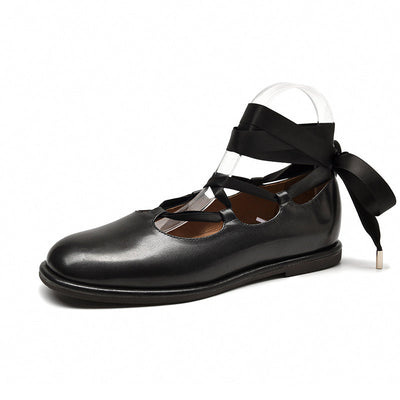 BeauToday Leather Round Toe Ballet Flats with Cross-tied Ribbon for Women BEAU TODAY