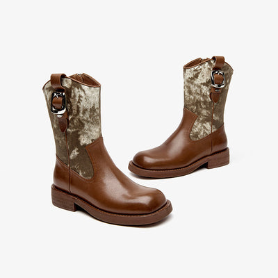 BeauToday Leather Square Toe Boots with Camouflage Decoration for Women BEAU TODAY