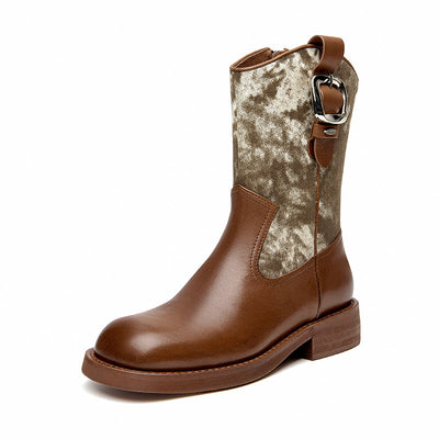 BeauToday Leather Square Toe Boots with Camouflage Decoration for Women BEAU TODAY