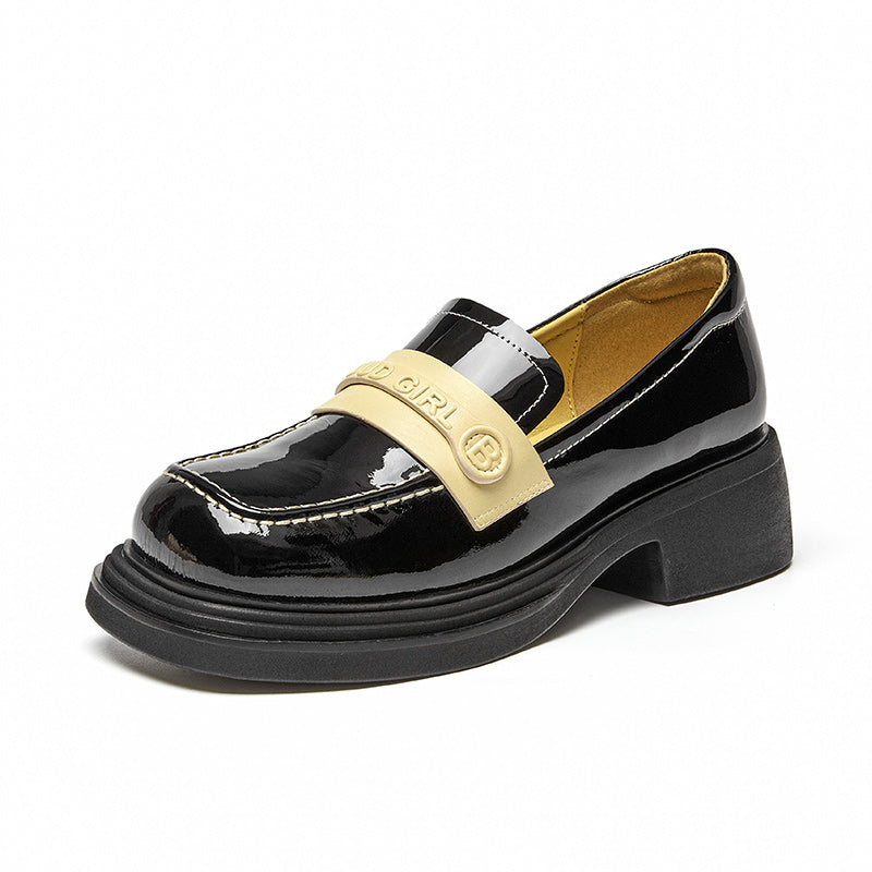 BeauToday Patent Leather Loafers with Brand Logo Strap for Women BEAU TODAY