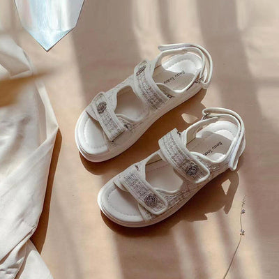 BeauToday Plaid Cloth Beige Summer Sandals for Women BEAU TODAY