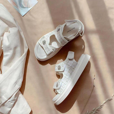 BeauToday Plaid Cloth Beige Summer Sandals for Women BEAU TODAY