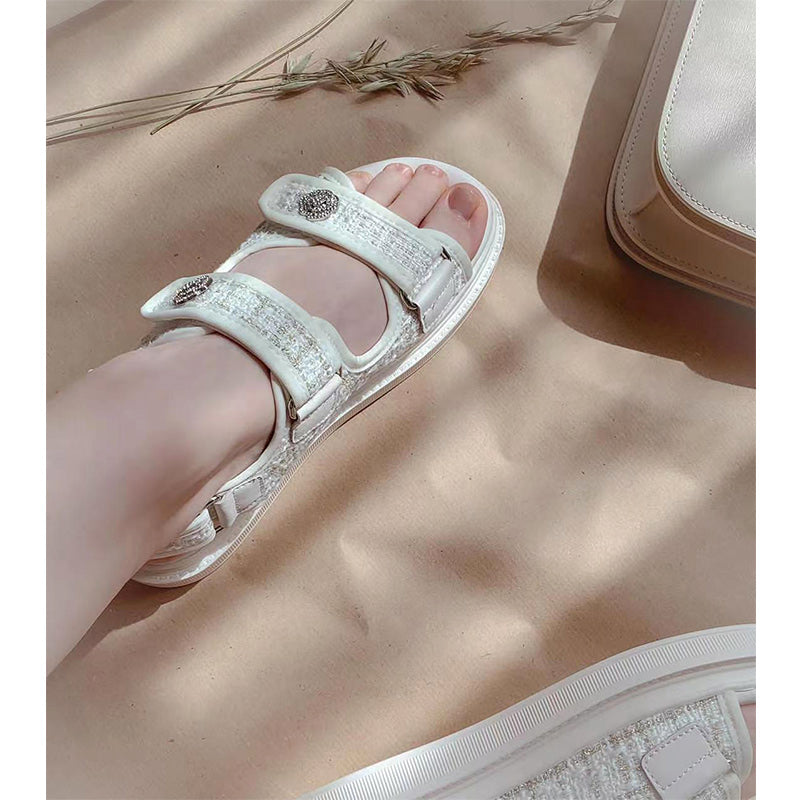 BeauToday Plaid Cloth Beige Summer Sandals for Women BEAU TODAY