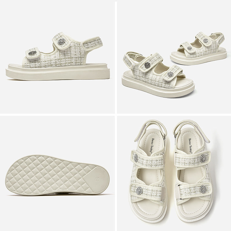 BeauToday Plaid Cloth Beige Summer Sandals for Women BEAU TODAY