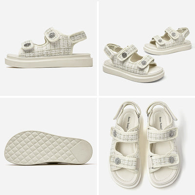 BeauToday Plaid Cloth Beige Summer Sandals for Women BEAU TODAY