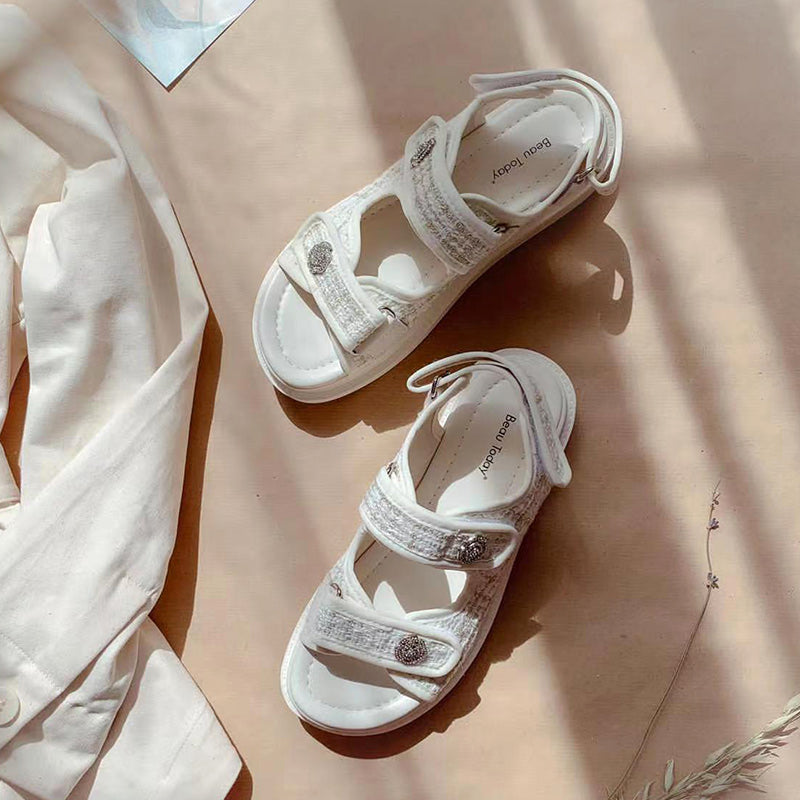 BeauToday Plaid Cloth Beige Summer Sandals for Women BEAU TODAY